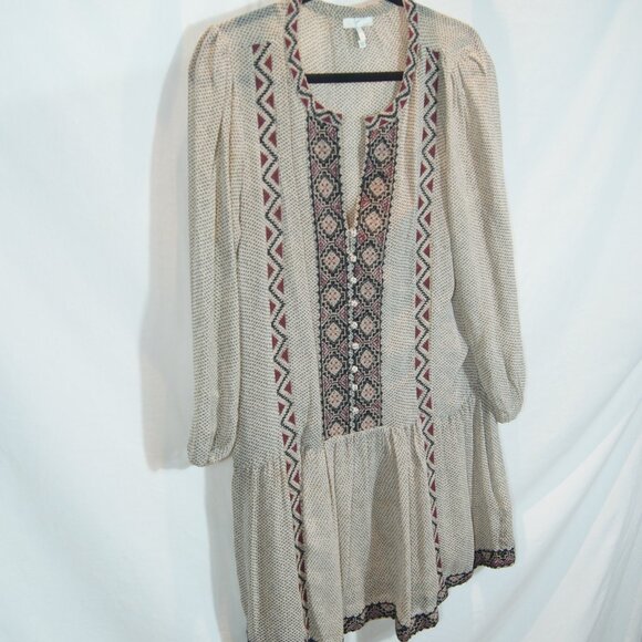Joie | 100 % Silk Boho Peasant Dress Beige Black Embroidered | Size S - Picture 8 of 8